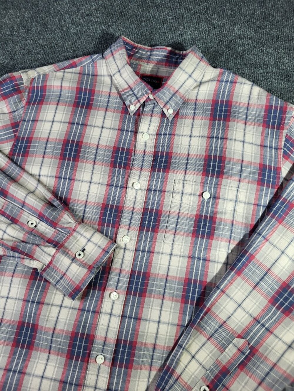 Untuckit Mens Shirt Size L Red Gray Plaid Button Down Long Sleeve Cotton